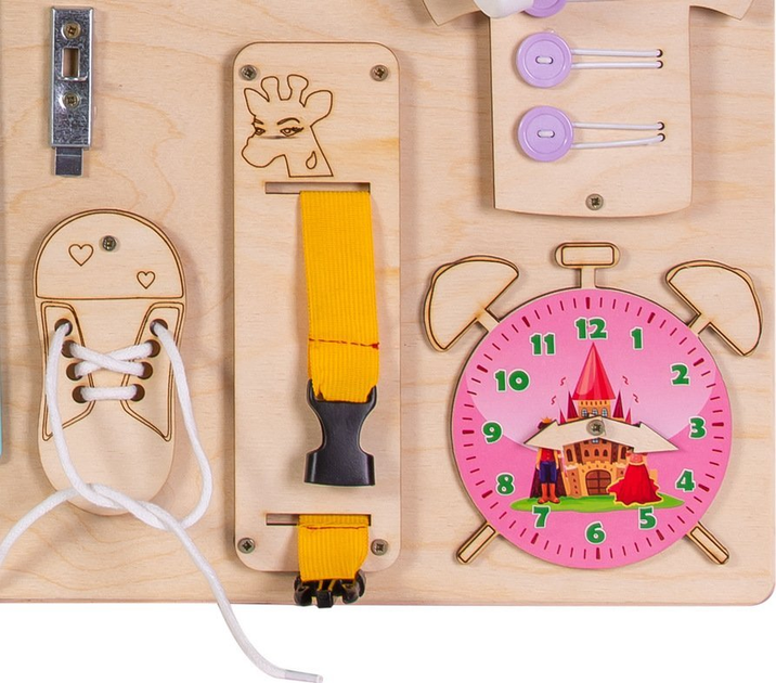 Tablica sensoryczno-manipulacyjna Ikonka drewniana z różowym zegarem 75 x 50 cm (5901549533866) - obraz 3