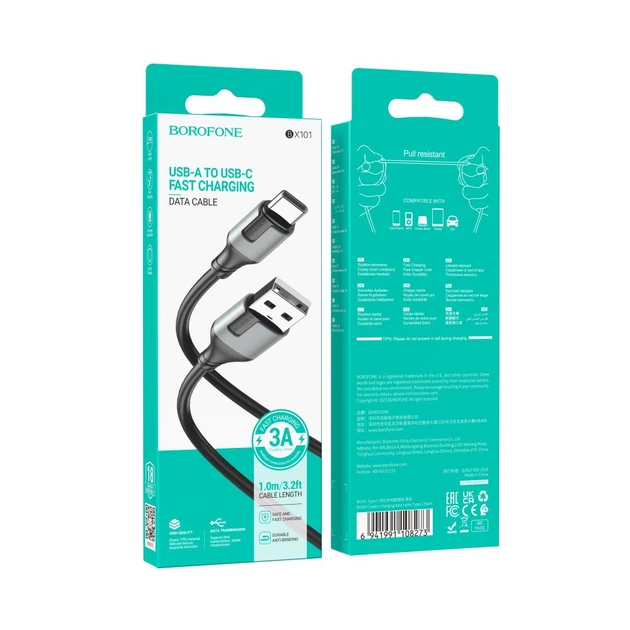 Кабель BOROFONE BX101 USB to Type-C data 3A 1m чорний - Фото 4 Кабель BOROFONE BX101 USB to Type-C data 3A 1m чорний - зображення 4