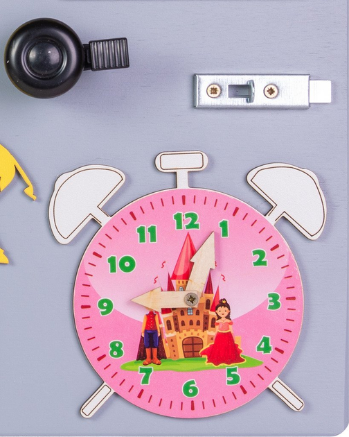 Сенсорно-маніпуляційна дошка Ikonka дерев'яна з рожевим годинником 50 x 37.5 см (5901549533835) - зображення 5