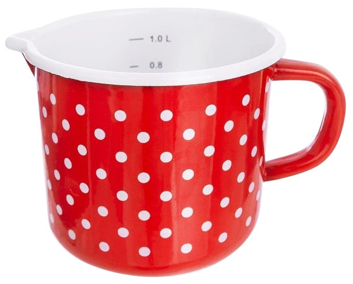 Kubek Orion Tecka emaliowany z miarką w grochy Czerwony 1.2 l (8592381160425) - obraz 1