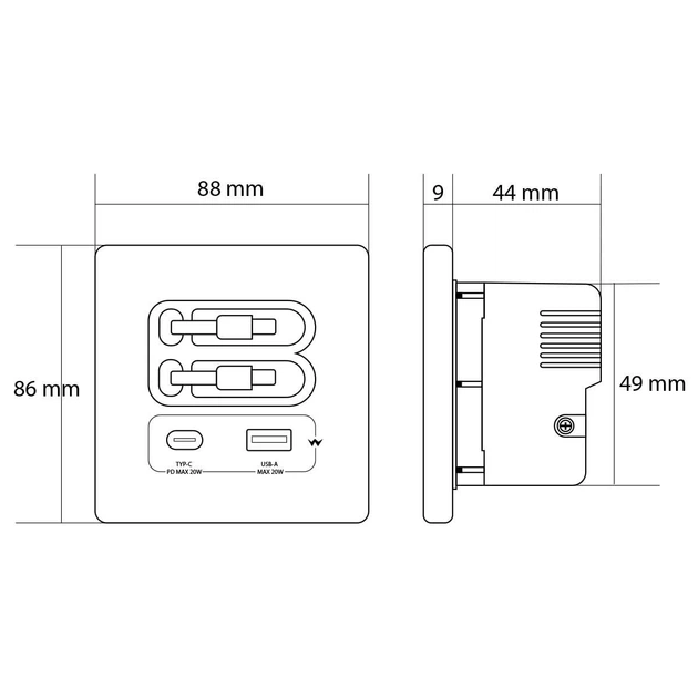 Розетка Folem RZ2-2С з висувними кабелями Type-C, портами Type-C і USB, швидке заряджання 20W PD3.0 QC3.0, внутрішня - Білий - Фото 3 Розетка Folem RZ2-2С з висувними кабелями Type-C, портами Type-C і USB, швидке заряджання 20W PD3.0 QC3.0, внутрішня - Білий - зображення 3