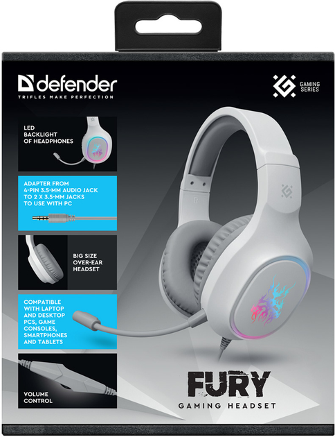 Słuchawki Defender FURY White/Grey LED (4745090824179) - obraz 6