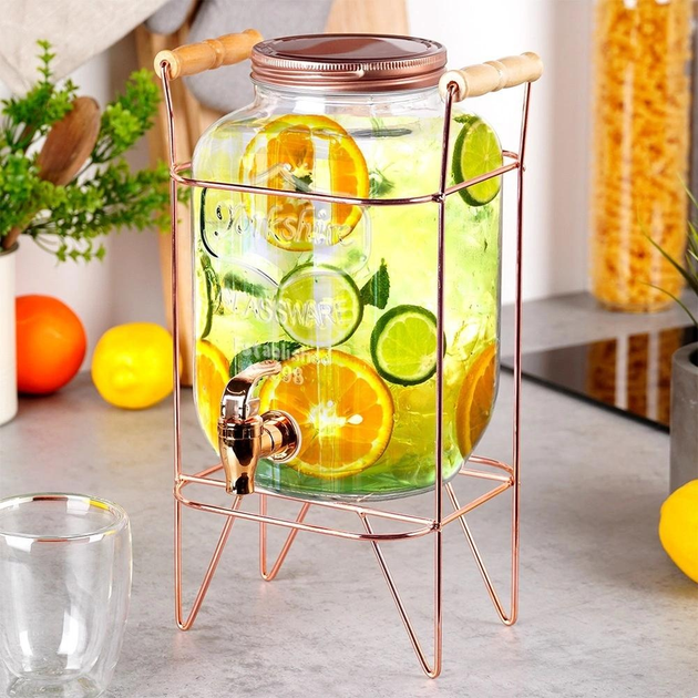 Скляна банка для напоїв Vilde з краником і підставкою Золота 4.2 л (5904316470944) - зображення 4