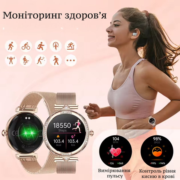 Жіночий смарт годинник Smart Watch з Bluetooth дзвінками, AMOLED екран, розумний браслет з металевим ремінцем для Android і iOS - зображення 3