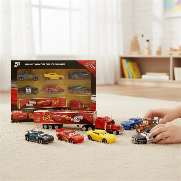 Набор машинок из мультфильма Тачки, комплект из 7 машин Cars Молния МакКуин Джексон Шторм Мак Дядя Грузовик 1:50 металлические модельки - изображение 3