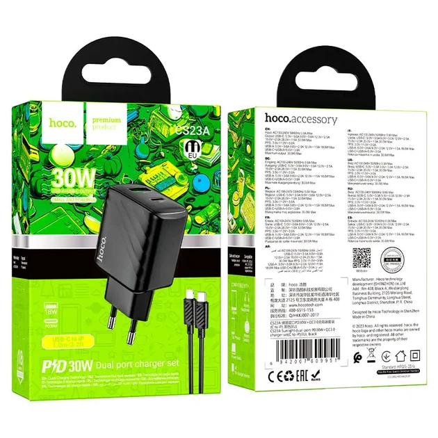 Зарядне HOCO CS23A PD30W Type-C 1USB PD30W з кабелем Type-C to Lightning чорне - Фото 2 Зарядне HOCO CS23A PD30W Type-C 1USB PD30W з кабелем Type-C to Lightning чорне - изображение 2