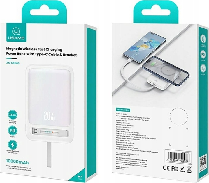 Powerbank Usams XM Series CD219 10000 mAh 22.5W White (6958444908908) - obraz 5