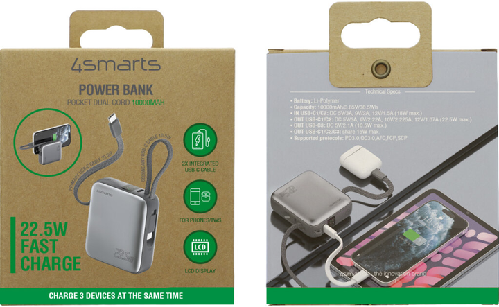 Powerbank 4smarts Pocket Dual Cord 10000 mAh 22.5W Space Gray (4S541625) - obraz 3