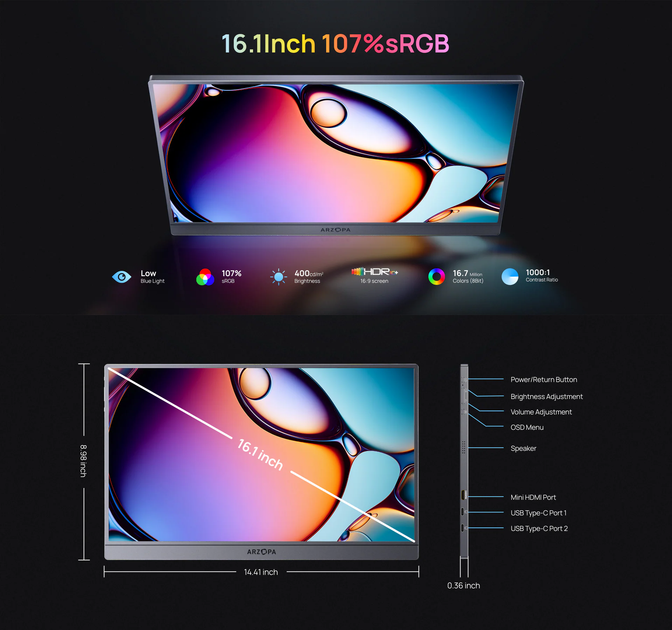Портативный игровой монитор ARZOPA Z3FC 16.1" Grey 2K QHD 180Hz (чехол в комплекте) - изображение 2