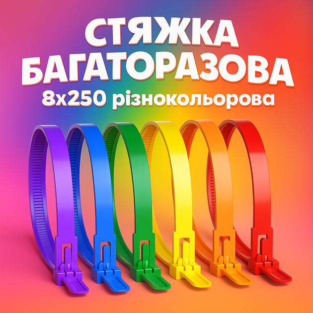 Багаторазова стяжка кабельна (хомут багаторазовий) 8х250 мм, упаковка - 100шт нейлонова різнокольорова - изображение 3