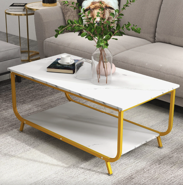 Журнальный стол Costway Marble двухъярусный белый - изображение 3