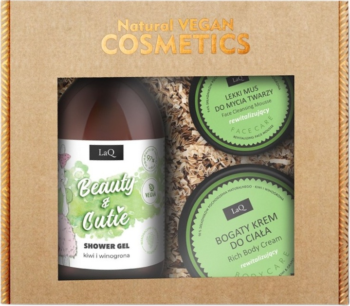 Набір косметики для догляду LaQ Natural Vegan Cosmetics Beauty and Cutie Гель для душу Ківі і Виноград 500 мл + Крем для тіла оживляючий 200 мл + Крем для обличчя оживляючий 40 г (5905778571767) - зображення 1