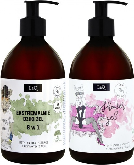 Набір косметики для догляду LaQ Natural Vegan Cosmetics Гель для душу Півонія 500 мл + Гель для душу Дикий кабан з лісу 8 в 1 500 мл (5905669761031) - зображення 1