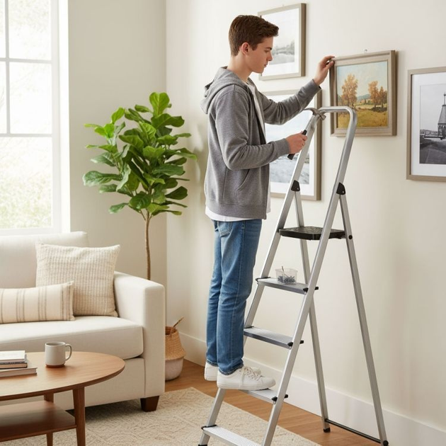 Алюмінієва одностороння драбина ModernHome by Multistore 5 сходинок складна з платформою WK4026-5 (5905817009268) - зображення 7