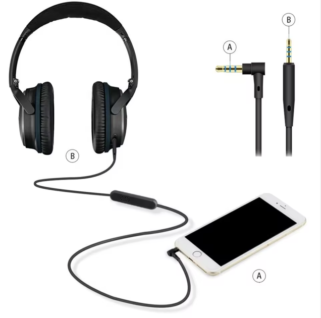Кабель шнур провод скрученный с микрофоном для наушников Bose QuietComfort QC25 QC35 OE2 SoundLink black черный - Фото 4 Кабель шнур провод скрученный с микрофоном для наушников Bose QuietComfort QC25 QC35 OE2 SoundLink black черный - изображение 4