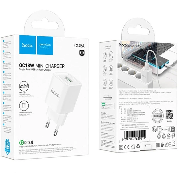 МЗП Hoco C145A Charm single port QC3.0 charger(EU) Білий - Фото 2 МЗП Hoco C145A Charm single port QC3.0 charger(EU) Білий - изображение 2