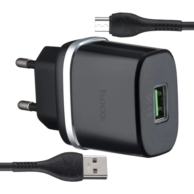 МЗП Hoco C12Q Smart QC3.0 charger set Micro ( EU ) Чорний - Фото 1 МЗП Hoco C12Q Smart QC3.0 charger set Micro ( EU ) Чорний - изображение 1