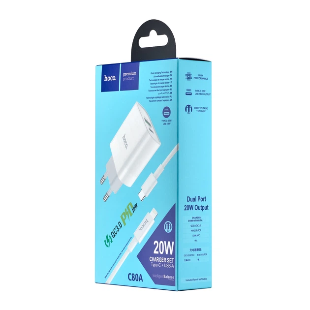 МЗП Hoco C80A Rapido PD20W + QC3.0 charger set Type-C to Lightning ( EU ) Білий - изображение 2