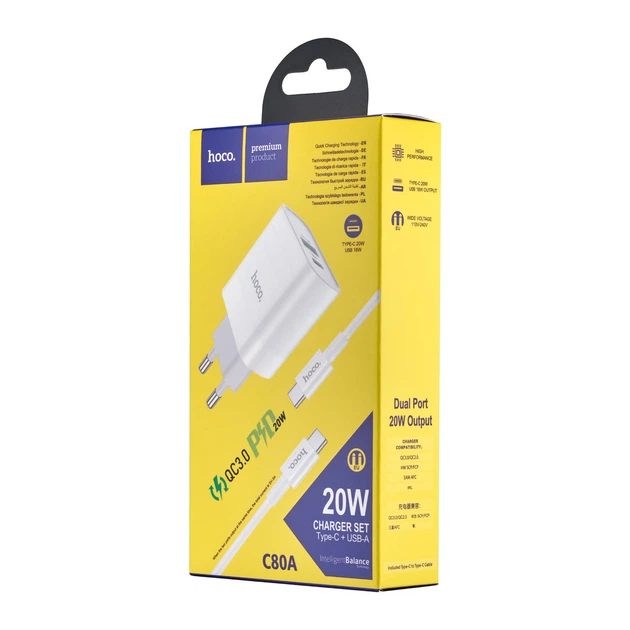 МЗП Hoco C80A Rapido PD20W + QC3.0 charger set Type-C to Type-C ( EU ) Білий - изображение 2