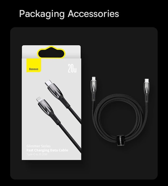 Кабель с подсветкой для быстрой зарядки Apple iPhone Baseus Glimmer Series Fast Charging Data Cable Type-C to Lightning PD 20W 1m шнур Черный - изображение 8