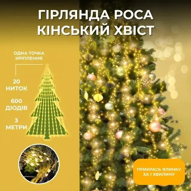 Гірлянда Конський хвіст 5 метрів 1000 LED 20 ниток жовта 8 режимів пульт управління - Фото 2 Гірлянда Конський хвіст 5 метрів 1000 LED 20 ниток жовта 8 режимів пульт управління - зображення 2