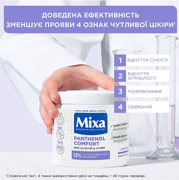 Крем для лица рук и тела MIXA Panthenol Comfort увлажняющий 400 мл (3600551153148) - Фото 8 Крем для лица рук и тела MIXA Panthenol Comfort увлажняющий 400 мл (3600551153148) - изображение 8