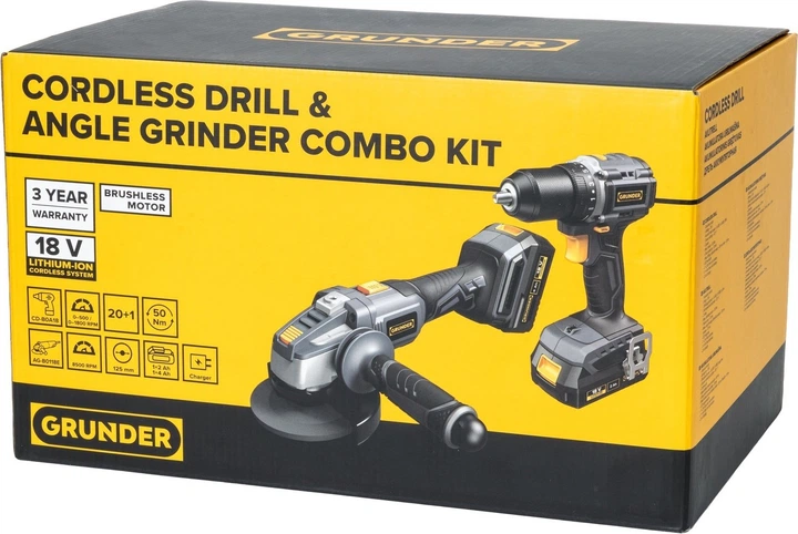 Akumulatorowa wiertarko-wkrętarka Grunder + szlifierka kątowa + 2 x akumulatory z ładowarką (CD-B0A18+AG-B0118E) - obraz 7