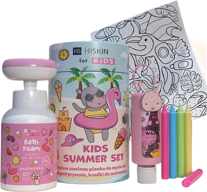 Zestaw do pielęgnacji dla dzieci HiSkin Kids Summer Pink Kolorowanka + Kredki 5 szt + Płyn do kąpieli 75 ml + Pianka do mycia 300 ml (5907775548667) - obraz 1