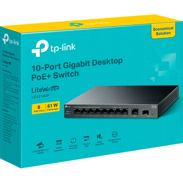 Коммутатор неуправляемый 10-портовый TP-Link LiteWave LS1210GP 20 Gbps 8xPoE+ 1xSFP 61W Black - изображение 4