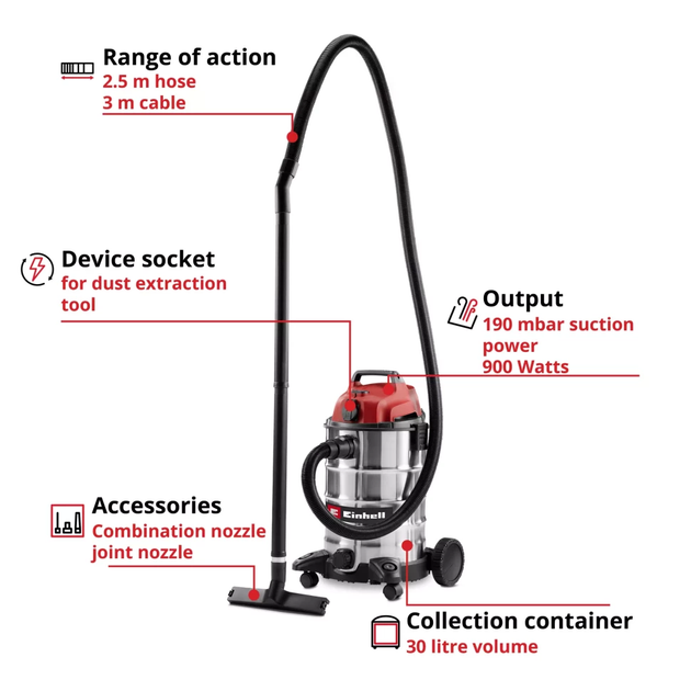 Мощный пылесос для влажной и сухой уборки Einhell TC-VC 3055 SA (2342250) SDRT_52342250 - изображение 3