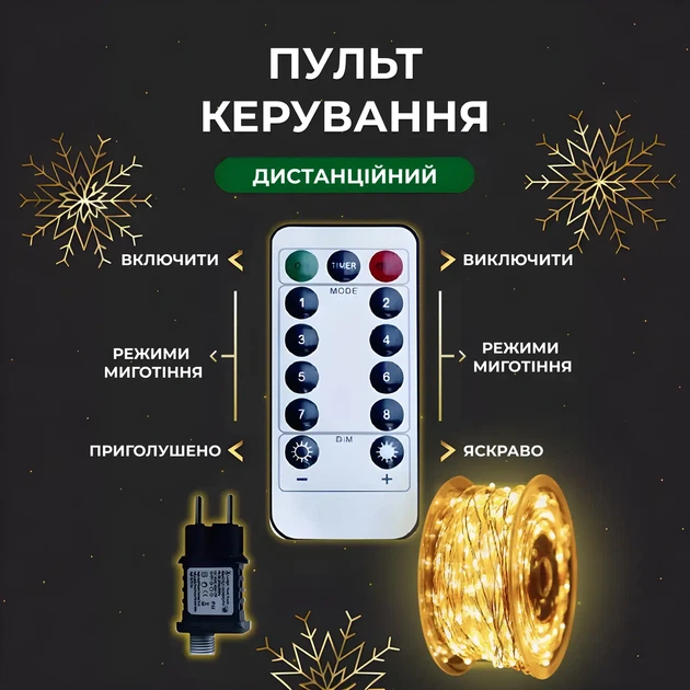 Светодиодная гирлянда-нить Роса 100 метров 1000 LED теплый желтый свет прозрачная проволока гирлянда капля росы с пультом 8 режимо - изображение 2