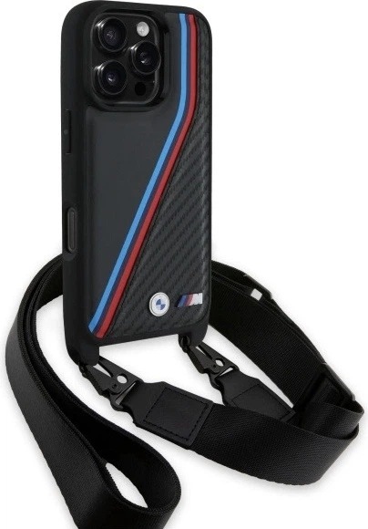 Etui plecki BMW M Edition Carbon Tricolor Lines & Strap do Apple iPhone 16 Pro Black (BMHCP16L23PSVTK) - obraz 3