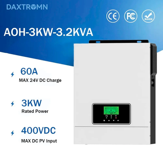 Гібридний інвертор Daxtromn AOH-3.2KVA, 24 В, 60 А, 3000 Вт (безперебійник, UPS, ДБЖ) - Фото 5 Гібридний інвертор Daxtromn AOH-3.2KVA, 24 В, 60 А, 3000 Вт (безперебійник, UPS, ДБЖ) - изображение 5