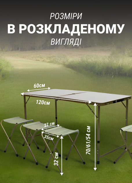 Комплект для пикника: раскладной стол и 4 стула, зеленый цвет, идеален для рыбалки и отдыха на природе LUGI JY-12060GR - Фото 7 Комплект для пикника: раскладной стол и 4 стула, зеленый цвет, идеален для рыбалки и отдыха на природе LUGI JY-12060GR - изображение 7