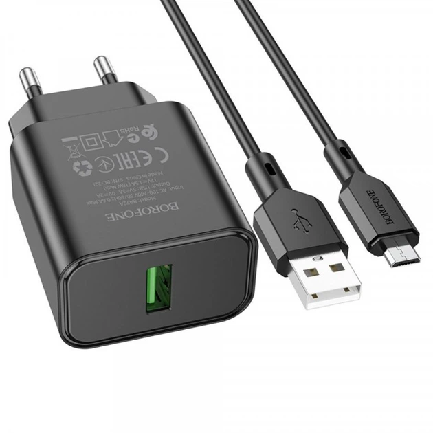 Сетевое зарядное устройство Borofone BA72A Spring QC3.0/18W Black +кабель Micro - Фото 2 Сетевое зарядное устройство Borofone BA72A Spring QC3.0/18W Black +кабель Micro - изображение 2