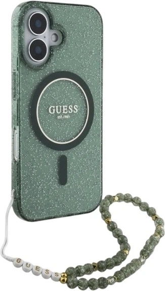 Etui Guess IML Glitter With Pearl Strap MagSafe do Apple iPhone 16 Plus Green (GUHMP16MHGCRELSA) - obraz 3