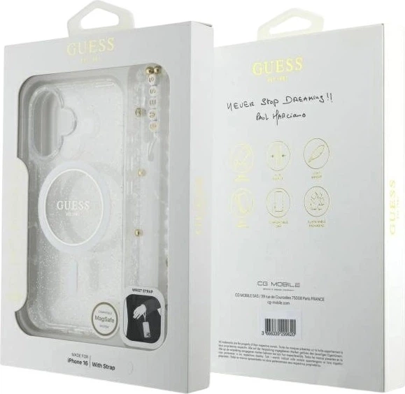 Etui Guess IML Glitter With Pearl Strap MagSafe do Apple iPhone 16 Plus Transparent (GUHMP16MHGCRELST) - obraz 7