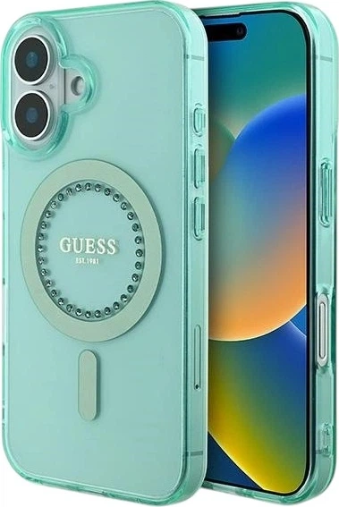 Etui Guess IML Rhinestones MagSafe do Apple iPhone 16 Plus Green (GUHMP16MPFTDTEN) - obraz 1