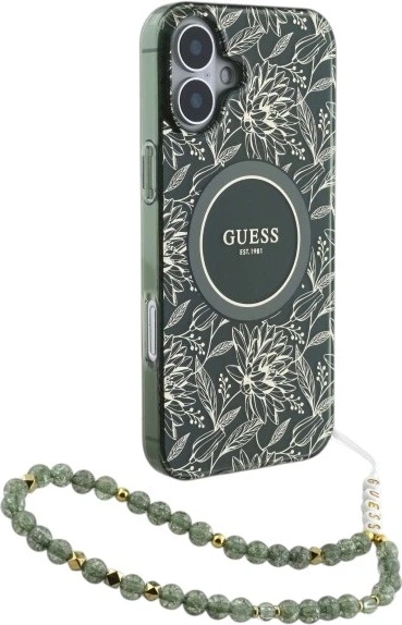 Etui Guess IML Flowers Allover Electro With Pearl Strap MagSafe do Apple iPhone 16 Green (GUHMP16SHCPOFPA) - obraz 3