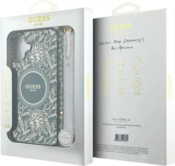 Etui Guess IML Flowers Allover Electro With Pearl Strap MagSafe do Apple iPhone 16 Green (GUHMP16SHCPOFPA) - obraz 7