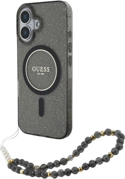 Etui Guess IML Glitter With Pearl Strap MagSafe do Apple iPhone 16 Black (GUHMP16SHGCRELSK) - obraz 2