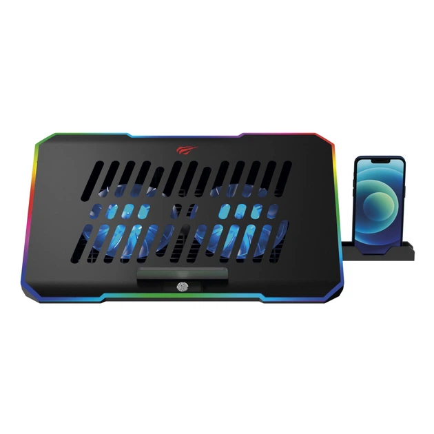 Подставка для ноутбука охлаждающая с RGB подсветкой, 2 вентилятора+ подставка для телефона, черная Havit HV-F2069 - изображение 2