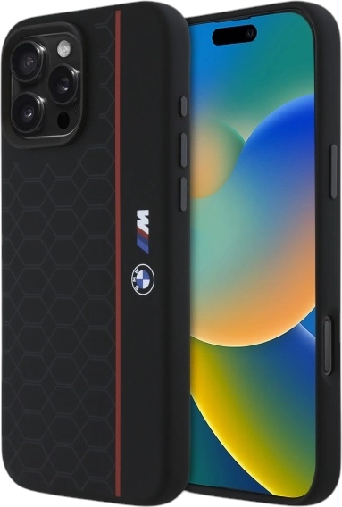 Etui plecki BMW Silicone Hexagon Red Line MagSafe do Apple iPhone 16 Pro Max Black (BMHMP16X23SHER) - obraz 1