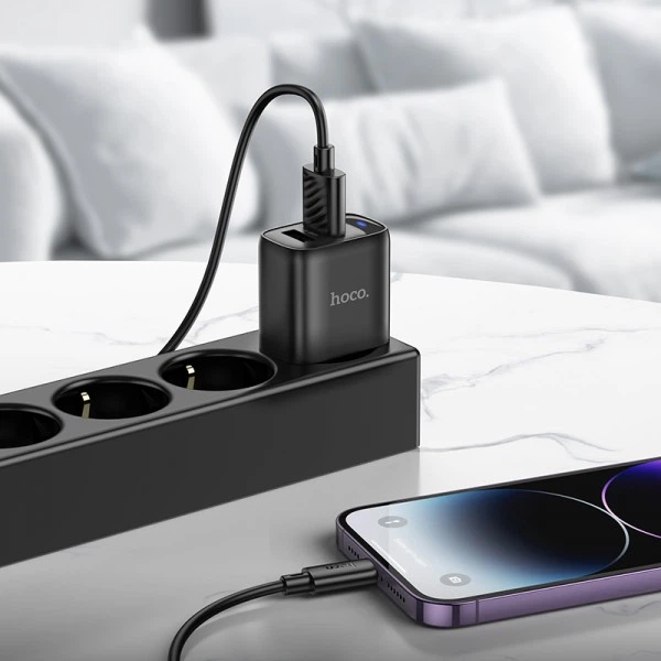 Сітчастий зарядний пристрій з кабелем HOCO C141A Smart dual-port charger set(iP) Black (6942007627863) (500) - Фото 5 Сітчастий зарядний пристрій з кабелем HOCO C141A Smart dual-port charger set(iP) Black (6942007627863) (500) - зображення 5