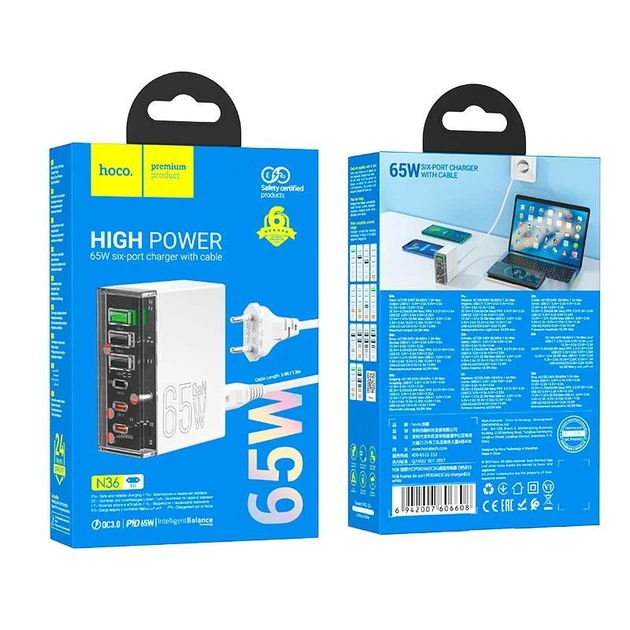 Адаптер сетевой HOCO Fuerza six-port charger N36 |3USB/3Type-C, 65W/3A, PD/QC| - изображение 2