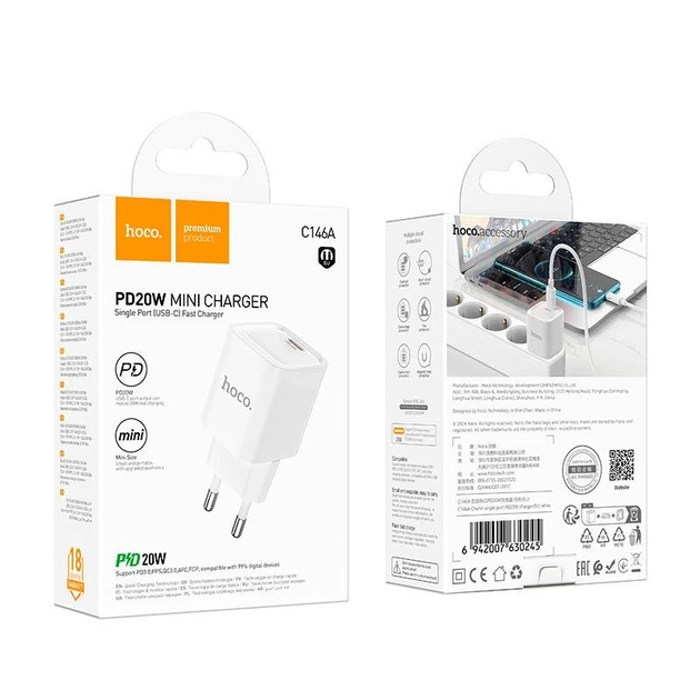 Адаптер сетевой HOCO Charm single port PD charger C146A |1Type-C, 20W/3A, PD/QC| - изображение 2