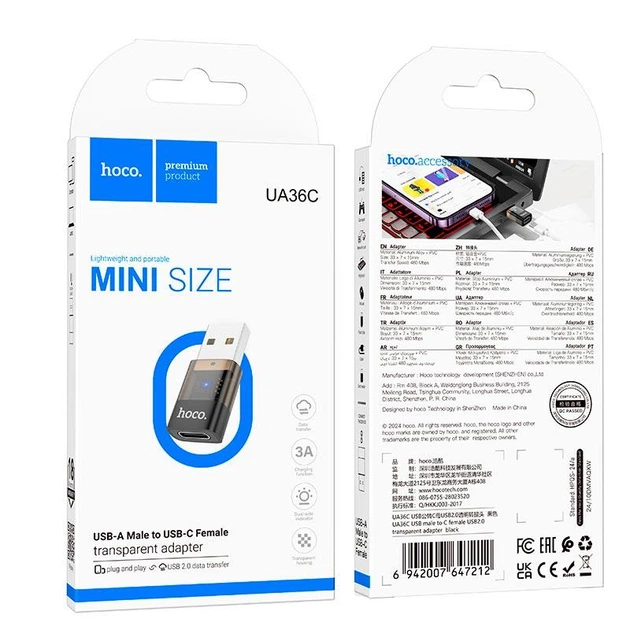 Перехідник HOCO USB male to C female USB2.0 transparent adapter UA36C | 480Mbps, 3A | - зображення 2