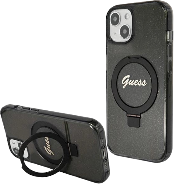 Etui plecki Guess Ring Stand Script Glitter MagSafe do Apple iPhone 13/14/15 Black (3666339156251) - obraz 2