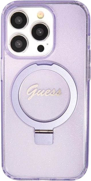 Etui plecki Guess Ring Stand Script Glitter MagSafe do Apple iPhone 13 Pro Max Purple (3666339156695) - obraz 1