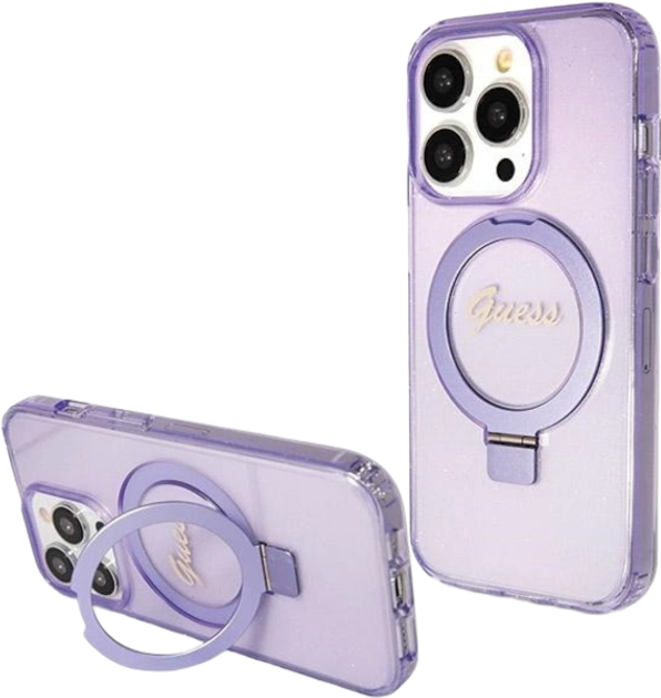Etui plecki Guess Ring Stand Script Glitter MagSafe do Apple iPhone 13 Pro Max Purple (3666339156695) - obraz 2